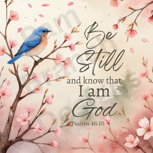 Rice Paper for Decoupage, Bluebird in a Tree with Pink Blossoms with Bible Verse,