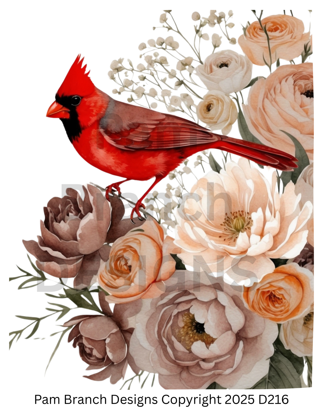 Cardinal and Blush Floral Arrangement - Rice Paper for Decoupage - DIY Craft Supply D216