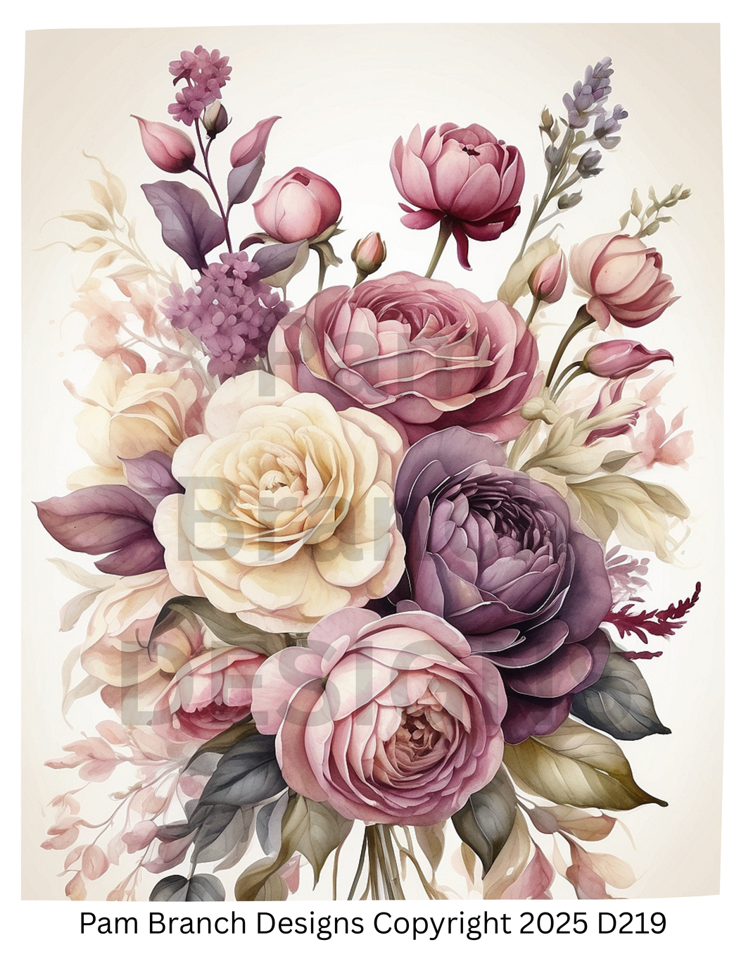 Mauve and Cream Garden Bouquet - Rice Paper for Decoupage - Arts and Craft Supply D219