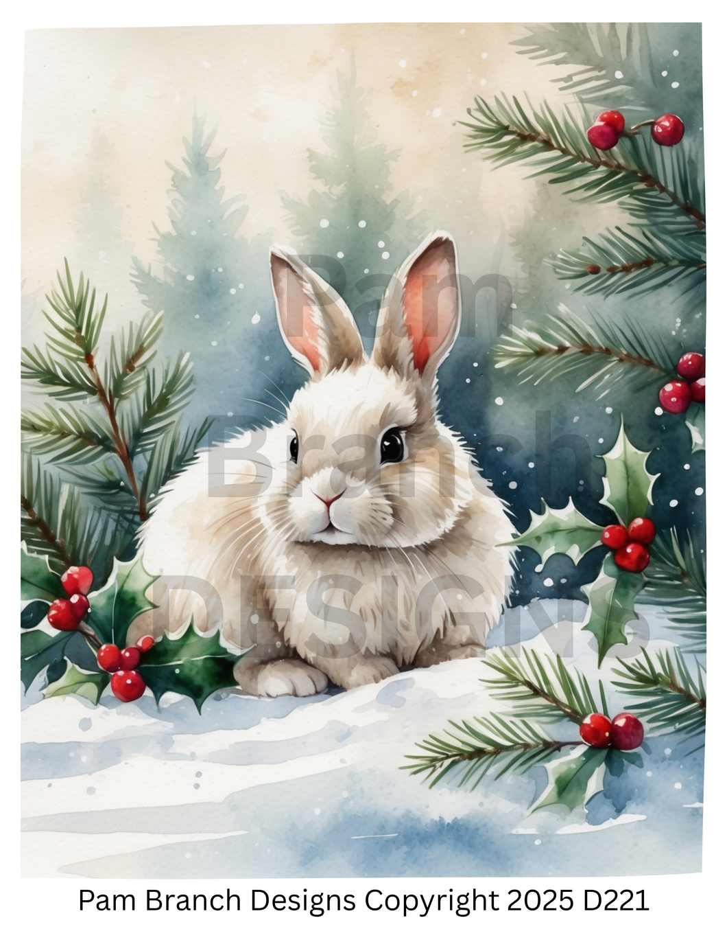 Rice paper for decoupage, rabbit and snow near pines, Christmas craft supply, D221
