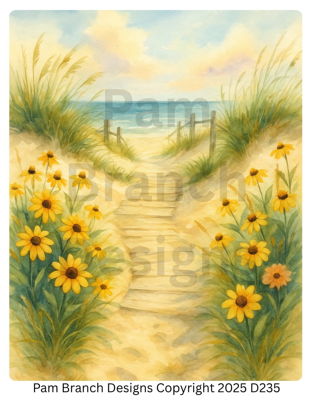 Decoupage Rice Paper – Sandy Beach Walkway with Yellow Flowers – 8x10 Design D235