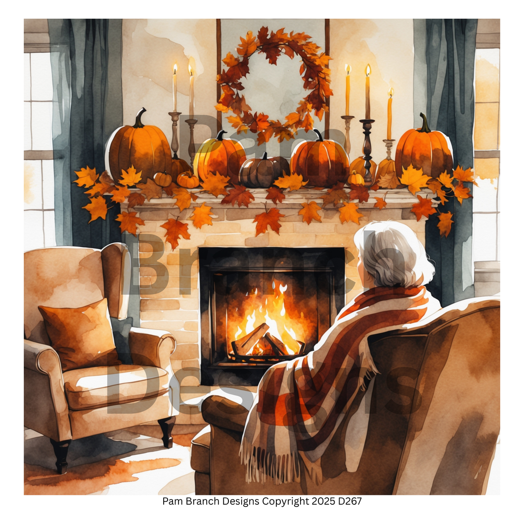 Decoupage Rice Paper – Senior, Elderly Woman - Pumpkin Mantle with wreath- Vibrant Autumn Art Supply D267