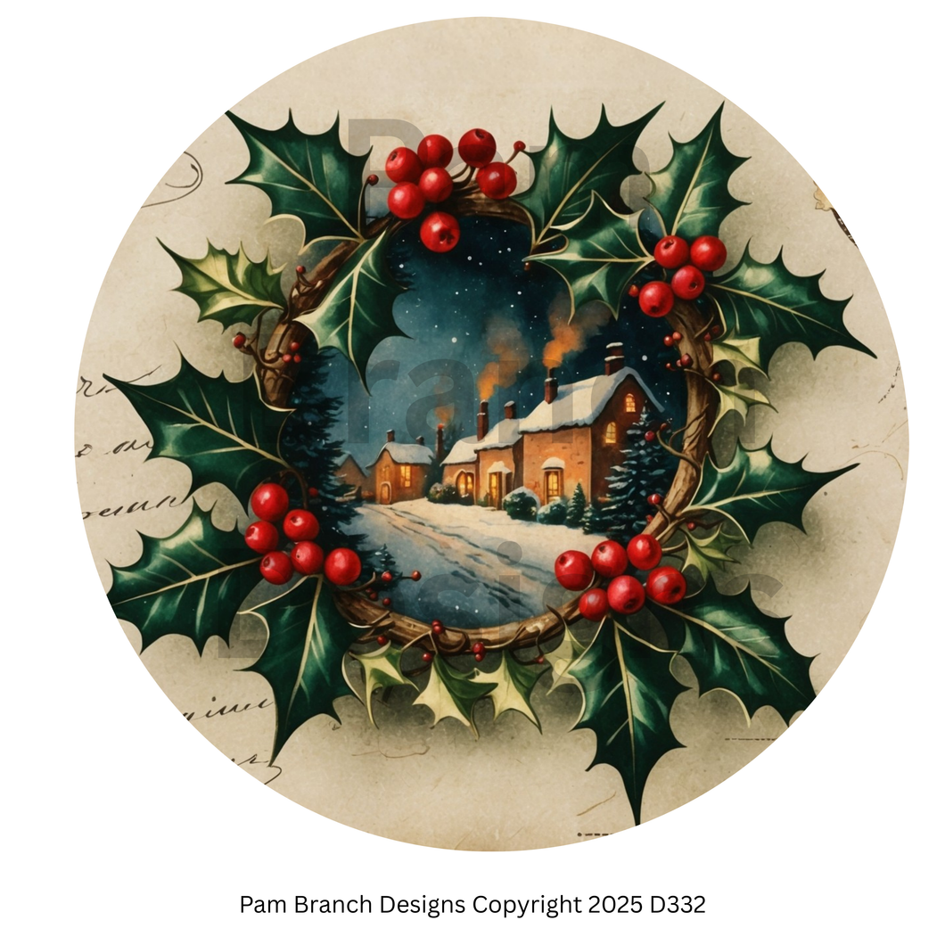 Ornament Rice Paper – Holly Wreath with Cottage – Christmas Arts and Crafts Supply – D332