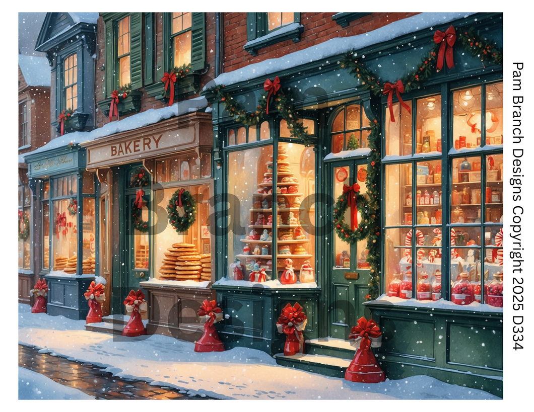 Rice paper for decoupage – Christmas craft supply – Vintage Christmas Bakery Storefront Street Scene D334