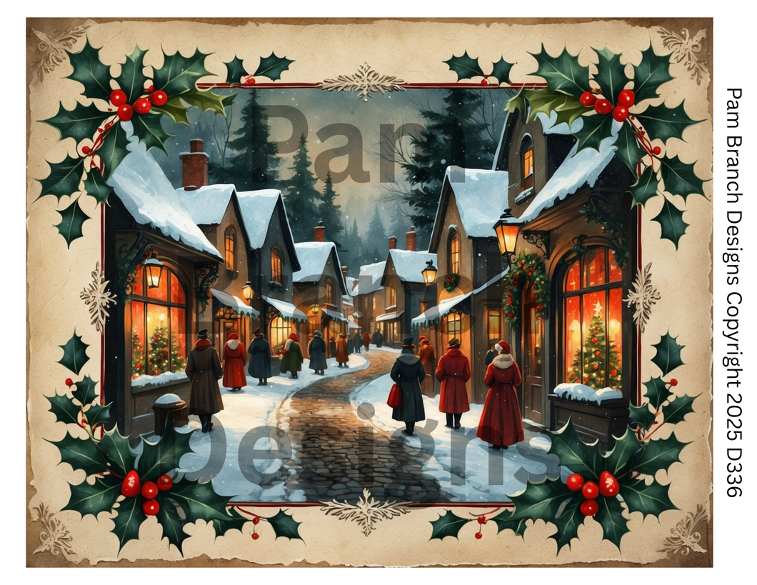 Rice paper for decoupage – Christmas craft supply – Victorian Village Street with Holly Border Frame D336
