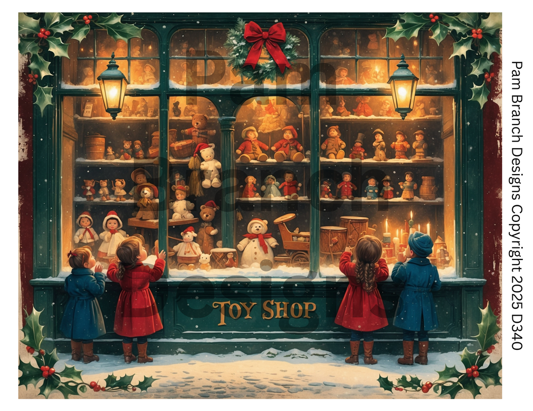 Rice paper for decoupage – Christmas craft supply – Toy Shop Window with Children Gazing at Christmas Displays D340