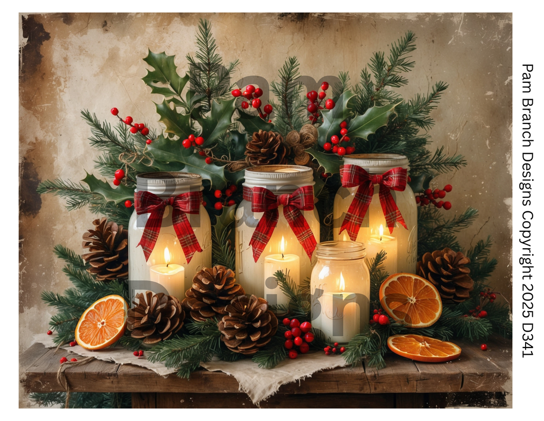 Rice paper for decoupage – Christmas craft supply – Candlelit Mason Jar Centerpiece with Pine, Holly & Dried Oranges D341
