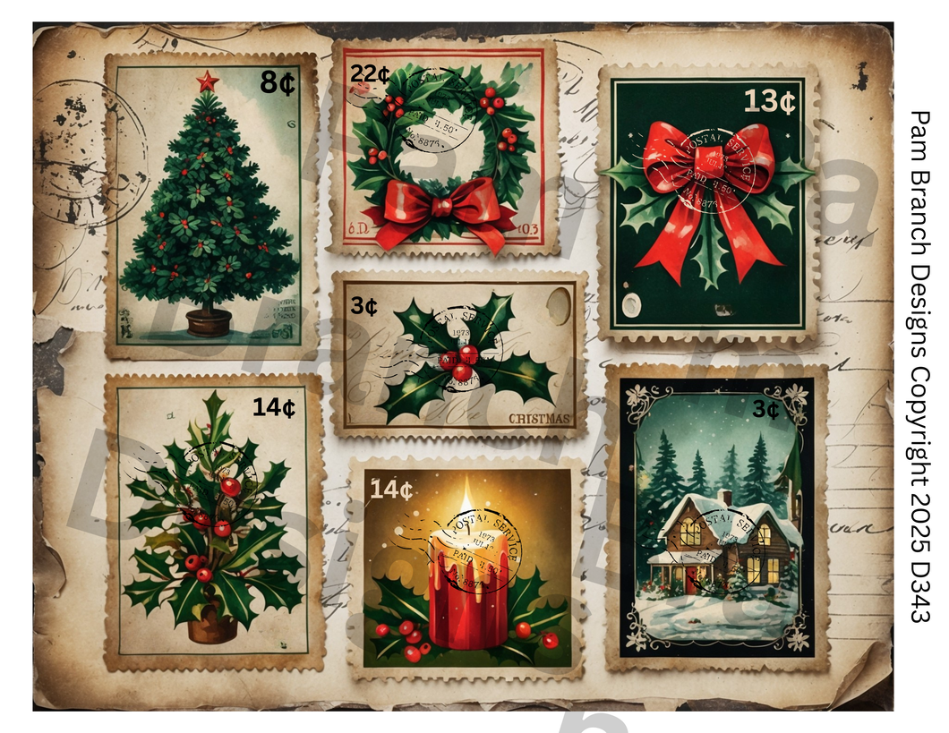 Rice Paper for Decoupage, Vintage Christmas Stamp Collage, Art Supply for DIY D343