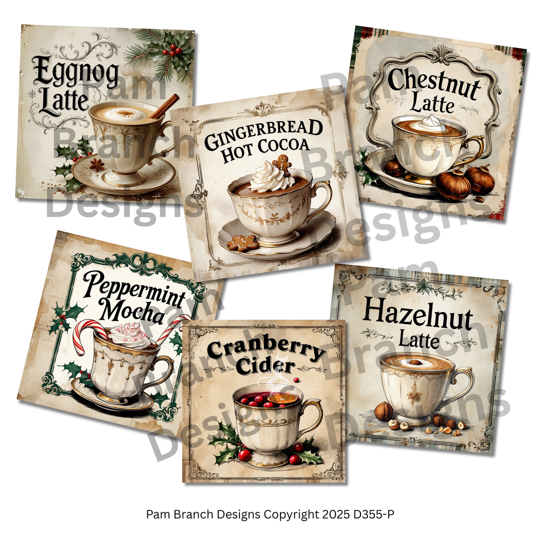 Decoupage Rice Paper Variety Pack – Antique Christmas Holiday Drink Signs, Set of 6 Designs, Arts and Craft Supply, D355-P