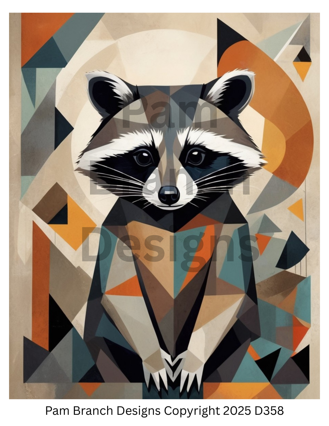 Geometric illustration of a raccoon with abstract shapes in the background, featuring the artist's name and copyright information.