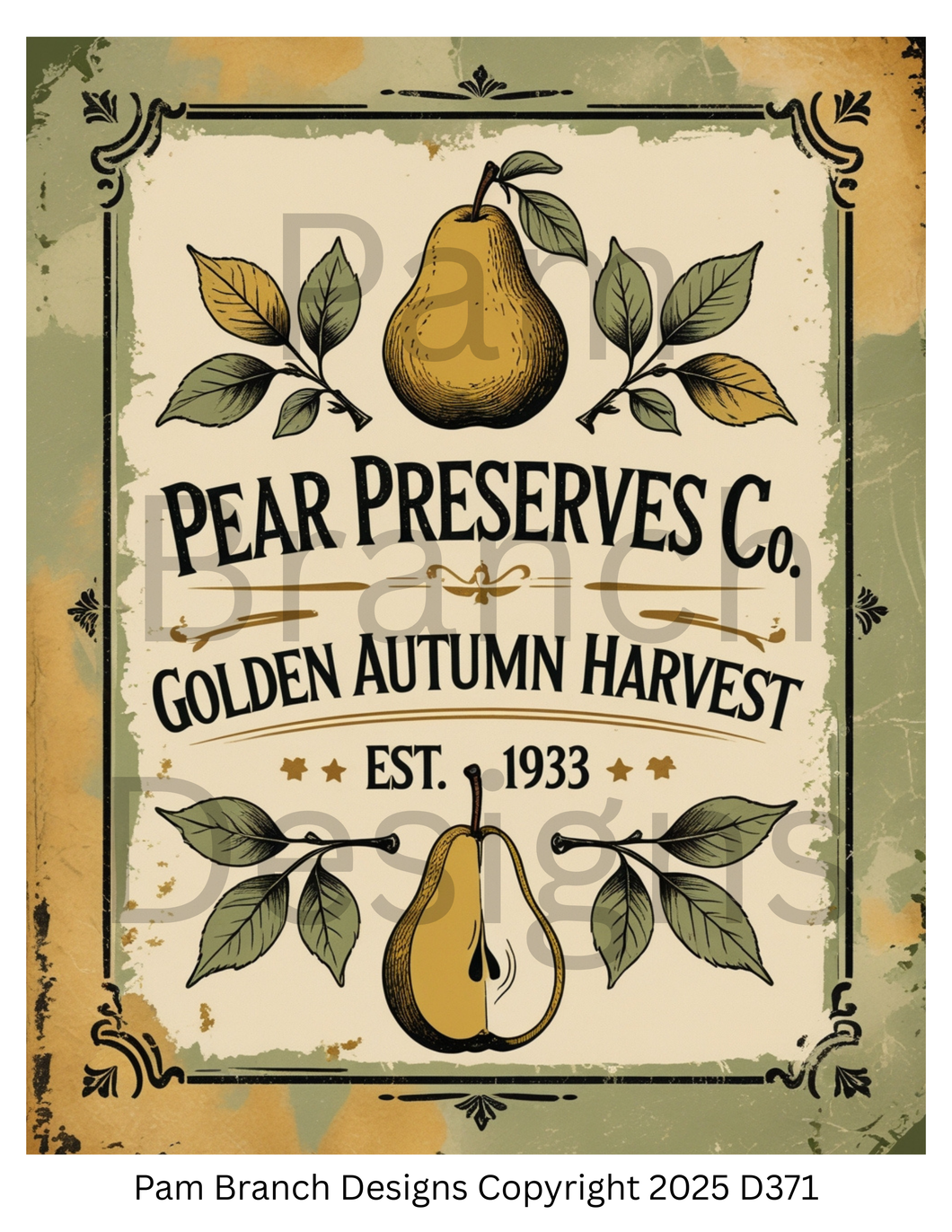 Decoupage Rice Paper, Pear Preserves Co. Golden Autumn Harvest Vintage Label, Pear Preserves Co. Golden Autumn Harvest Vintage Label, fall craft supply D371
