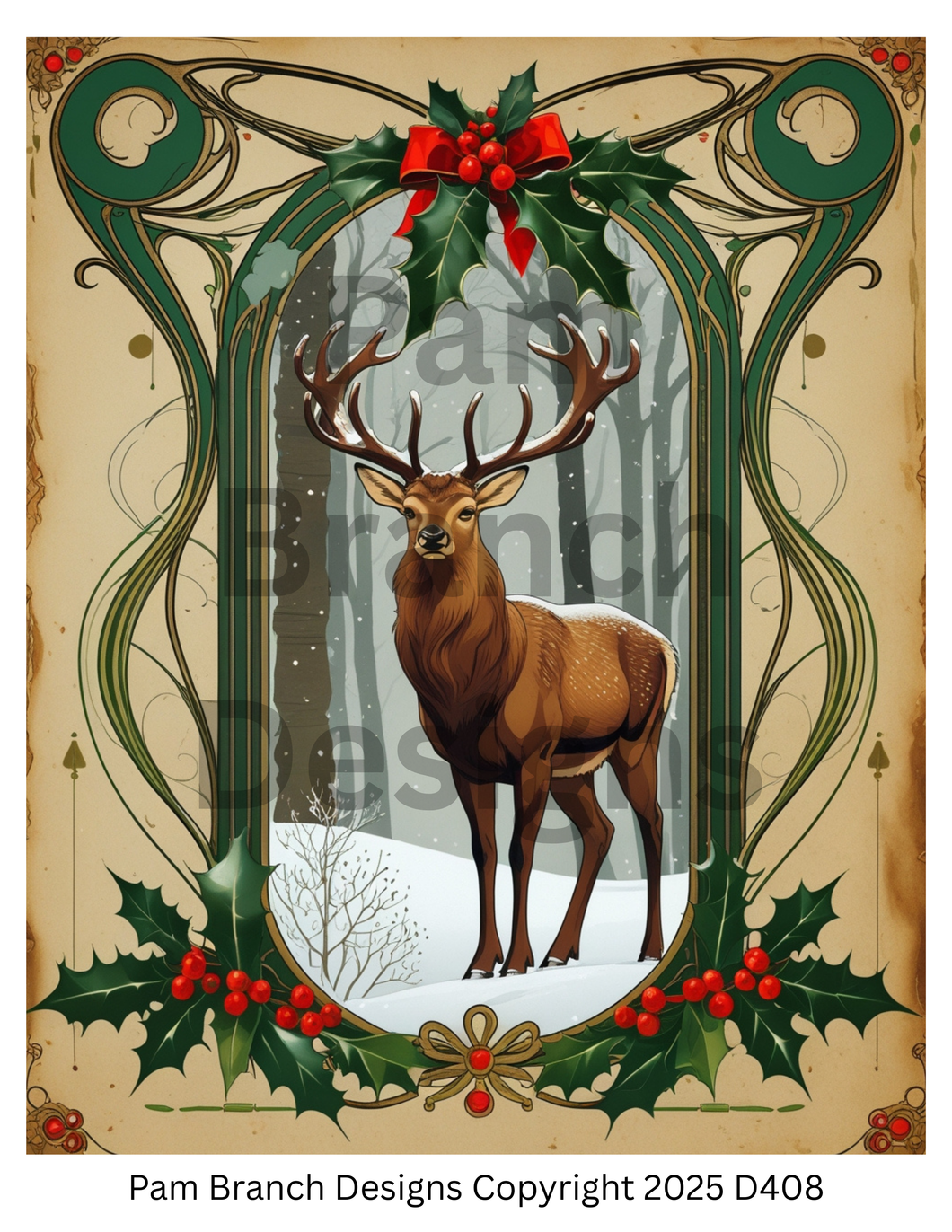 Rice Paper for Decoupage, Majestic Stag in Holly Frame — Classic Holiday Forest —Christmas 8x10 — D408