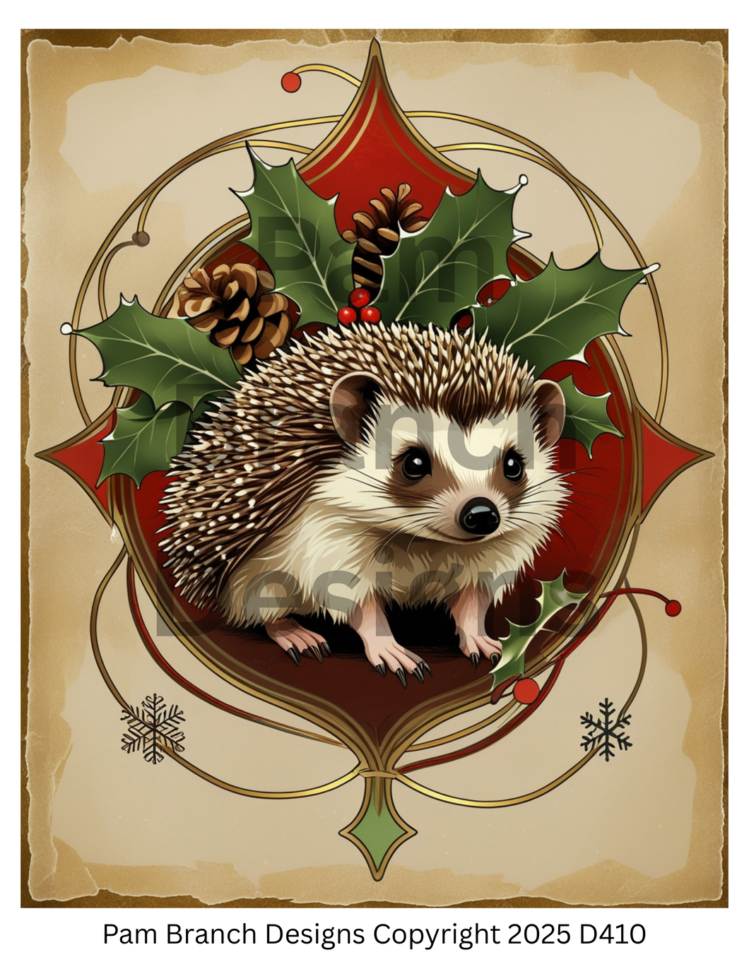 Rice Paper for Decoupage, Hedgehog with Pinecones & Holly — Charming Holiday Woodland — 8x10 — D410