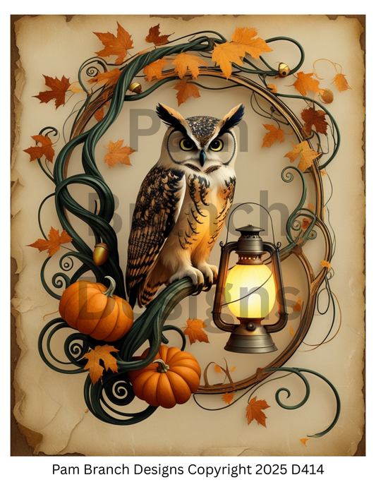 Rice paper for decoupage, Owl with lantern and pumpkins, vintage wreath, Fall Craft Supply — D414