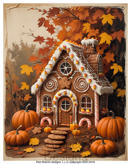 Gingerbread House with Pumpkins, Fall 8x10 Rice Paper for Decoupage D416