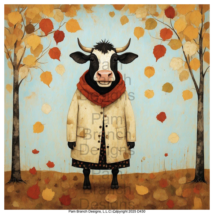Rice paper for decoupage, Whimsical cow in coat with autumn leaves, rustic folk style — D430