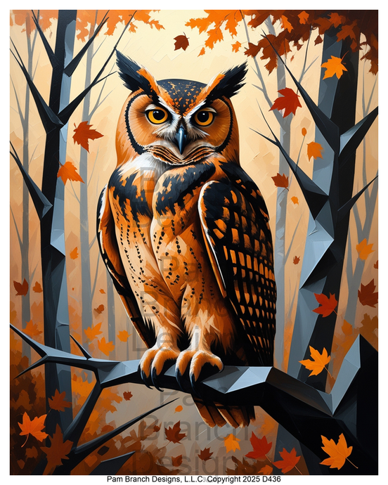 Rice paper for decoupage, Geometric owl in autumn forest, modern wildlife, Arts and Crafts Supply  — D436
