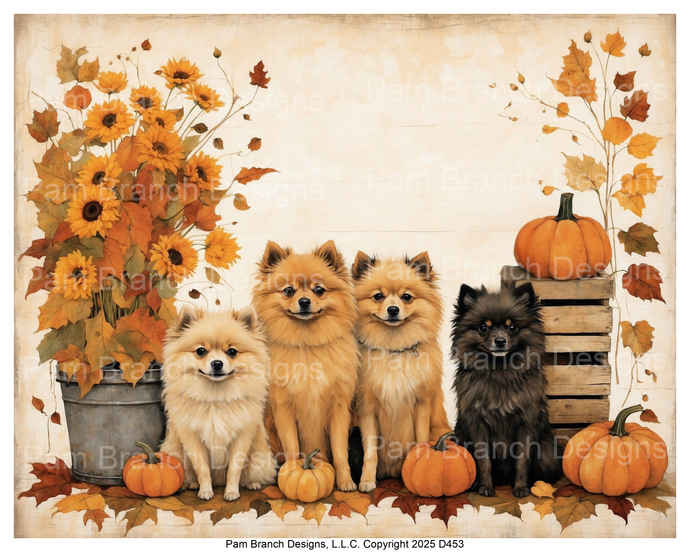 Rice Paper for Decoupage Fall Pomeranian Dogs with Pumpkins and Sunflowers — fall craft supply D453