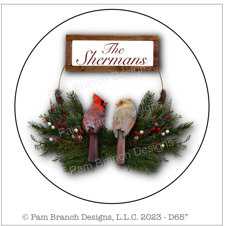Personalized decoupage paper. Male and female cardinal on a wreath with customizable wood sign. 
