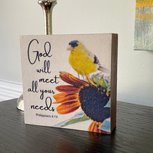 Goldfinch on a Sunflower, Bible Verse, "God will meet all your needs" Decoupage Sheet, Rice Paper D22