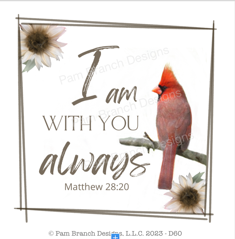 Decoupage sheet with a male cardinal perched on a branch, surrounded by flowers.  Bible verse