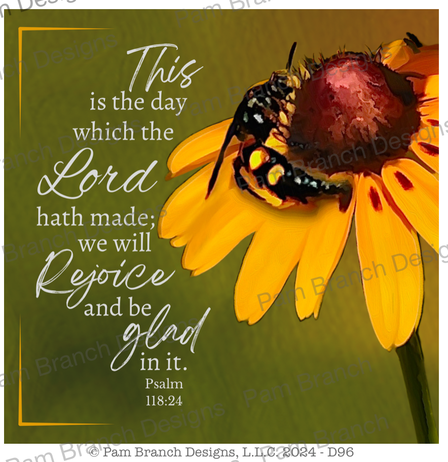 Decoupage paper with a black-eyed susan and a bee. The bible verse is
