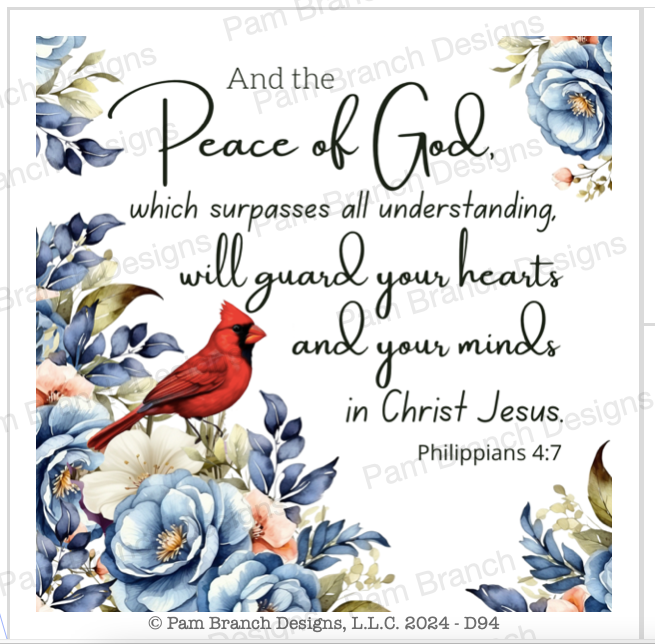 Rice paper with a male cardinal in blue flowers with the bible verse