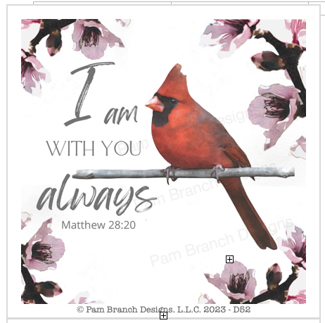 Red cardinal on a branch surrounded by purple flowers with bible verse “I am with you always”. This is a decoupage paper for craft projects.￼
