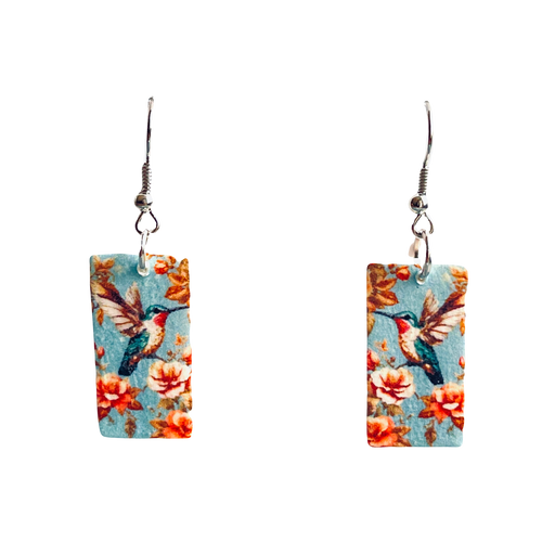 Handmade Earrings, Hummingbird in Flight, Decoupage Artisan Earrings E785