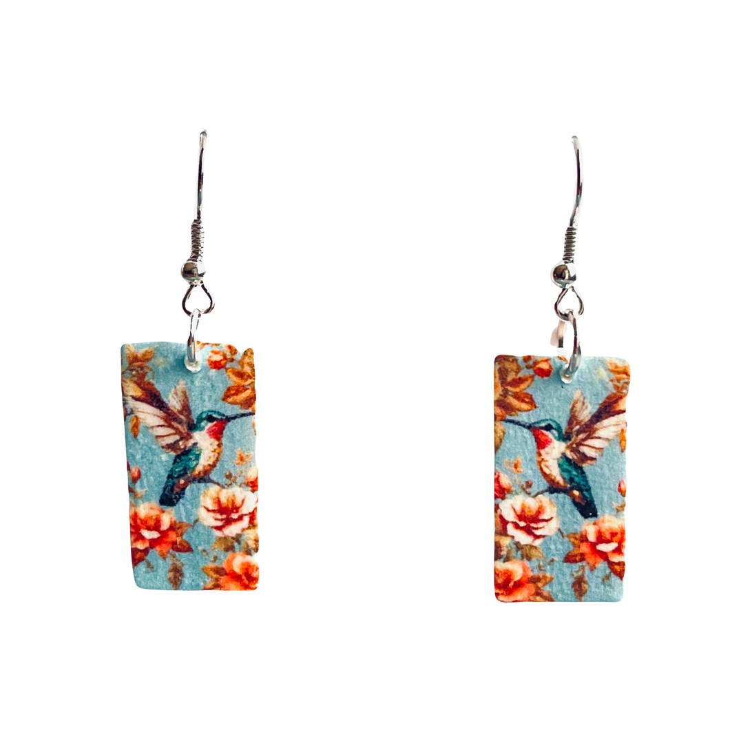 Handmade Earrings, Hummingbird in Flight, Decoupage Artisan Earrings E785