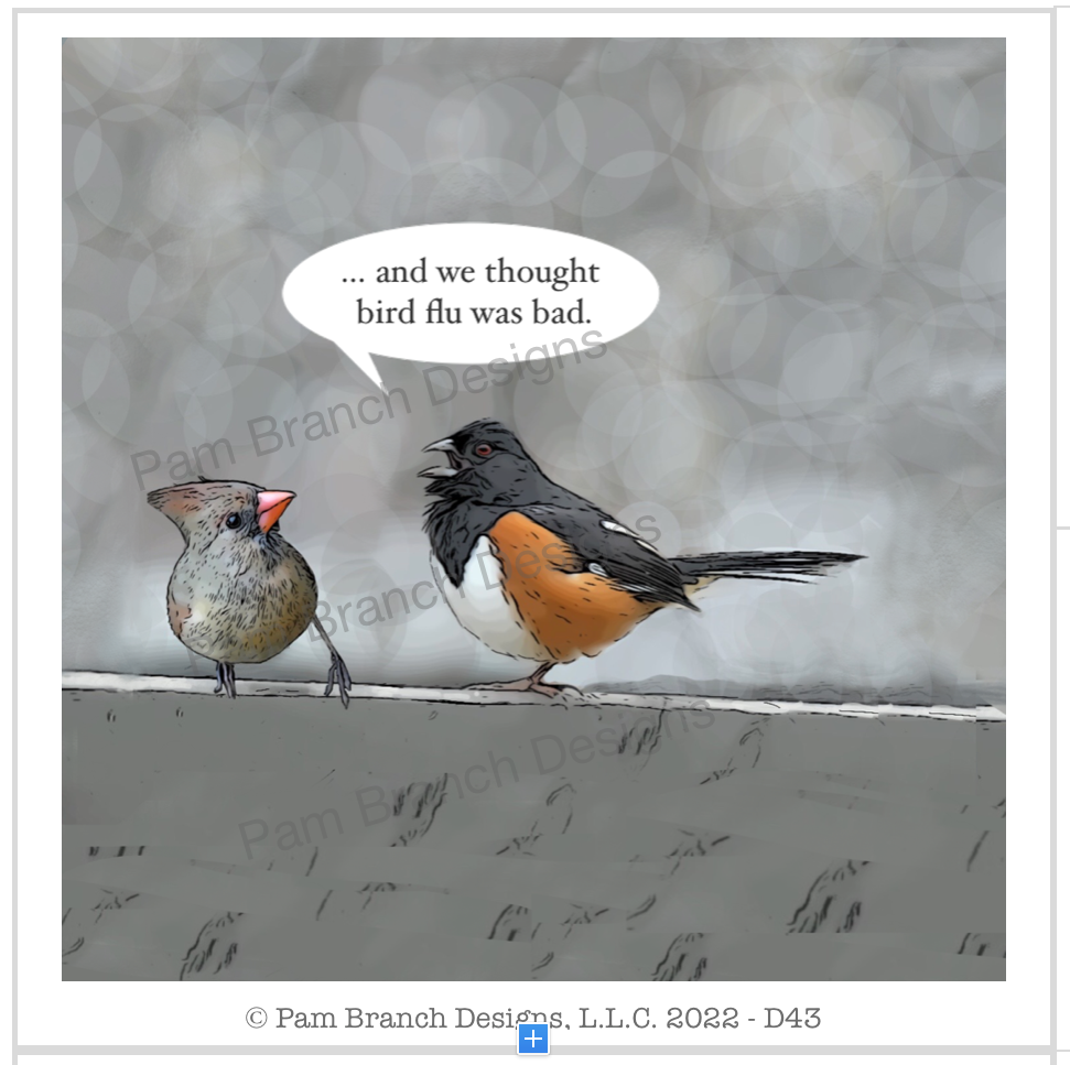 Birds chatting in one thing to the other “and we thought Bird flu was bad“. Funny decoupage paper. 