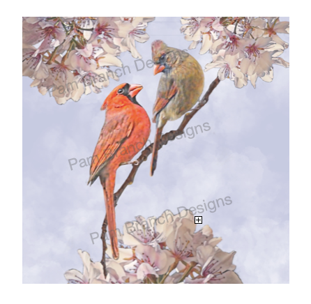Decoupage rice paper with two cardinals and pink flowers