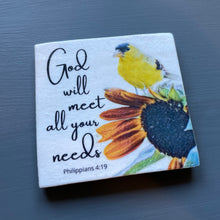 Goldfinch on a Sunflower, Bible Verse, "God will meet all your needs" Decoupage Sheet, Rice Paper D22