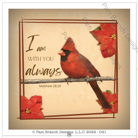 Decoupage paper with a cardinal and poinsettias. The words “I am with you always “ adorn the paper. It has an antiqued look with brownish edges that will give a decoupage project a vintage look.