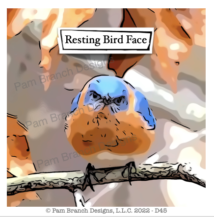 Decoupage paper with an image of a bluebird on a branch among the fall leaves with a scowl on its face. The words “resting bird face“ are on the image.