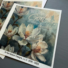 White floral teal background rice paper for decoupage, With God all things are possible, Matthew 19:26, Christian craft, D623