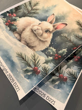 Rice paper for decoupage, rabbit and snow near pines, Christmas craft supply, D221