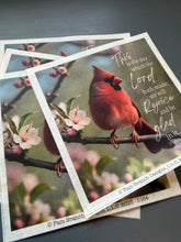 Rice Paper for Decoupage, Red Cardinal on a Branch, Crabapple Flowers with Bible Verse,  "This is the day which the Lord...." D164