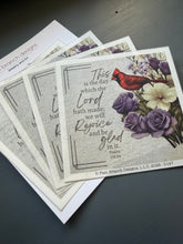 Rice Paper for Decoupage, Purple Flowers and Cardinal with Bible Verse,  "This is the day which the Lord...." D147