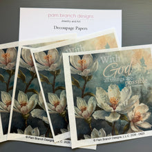 White floral teal background rice paper for decoupage, With God all things are possible, Matthew 19:26, Christian craft, D623