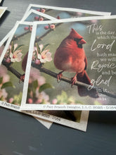 Rice Paper for Decoupage, Red Cardinal on a Branch, Crabapple Flowers with Bible Verse,  "This is the day which the Lord...." D164