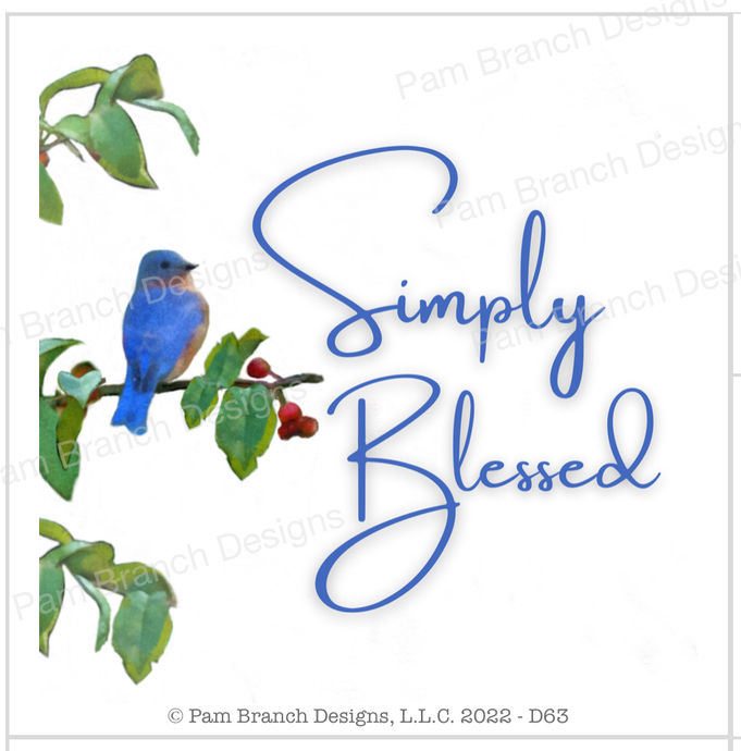 Decoupage paper with a bluebird on a branch with green leaves and red berries.  The words 