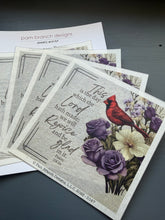 Rice Paper for Decoupage, Purple Flowers and Cardinal with Bible Verse,  "This is the day which the Lord...." D147