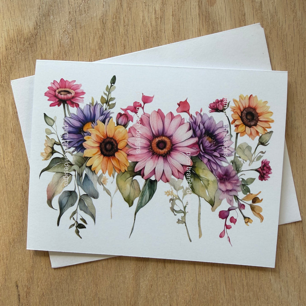 Colorful Wildflower Bouquet Floral Greeting Card, Watercolor Spring Note Card - C71