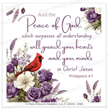 Male cardinal in purple flowers with the bible verse "And the peace of God, which surpasses all understanding, will guard your hearts and your minds in Christ Jesus”. Philippians 4:7.