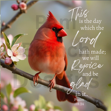 Rice Paper for Decoupage, Red Cardinal on a Branch, Crabapple Flowers with Bible Verse,  "This is the day which the Lord...." D164