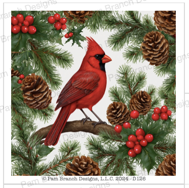 Rice Paper with a Cardinal in Pine Branches with Pinecones and Berries - Christmas Decoupage Sheet, D126