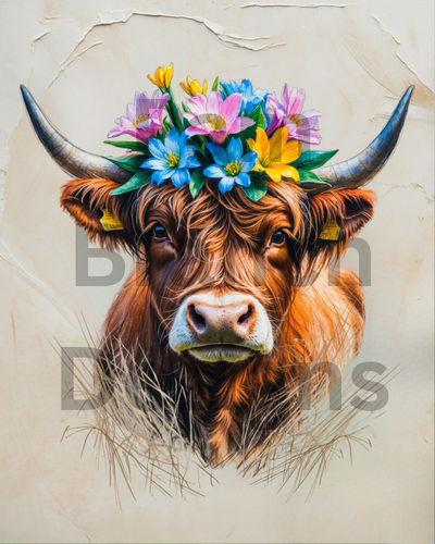 Rice Paper for Crafts and Decoupage, Highland Cow with Flowers, Paper for DIY Project D176)
