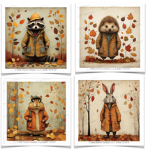 Decoupage paper with whimsical animals. Fall setting with a raccoon, hedgehog, rabbit, and a chipmunk.