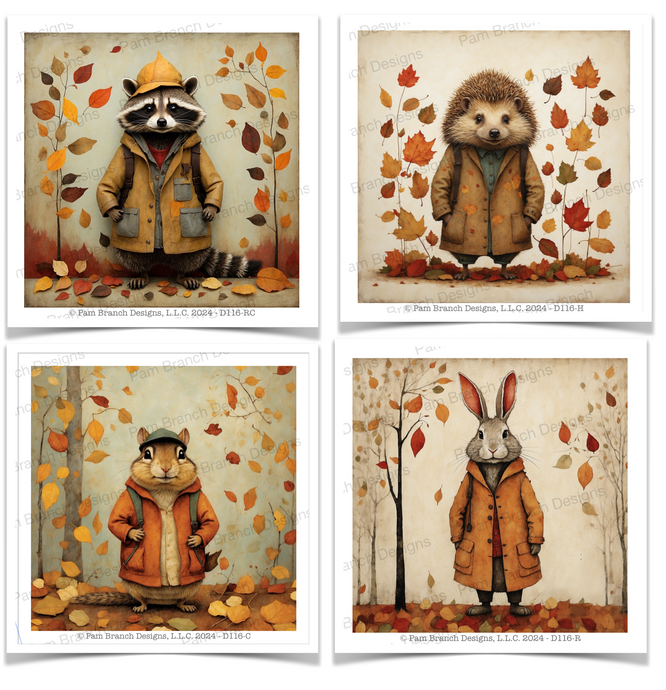 Decoupage paper with whimsical animals. Fall setting with a raccoon, hedgehog, rabbit, and a chipmunk.